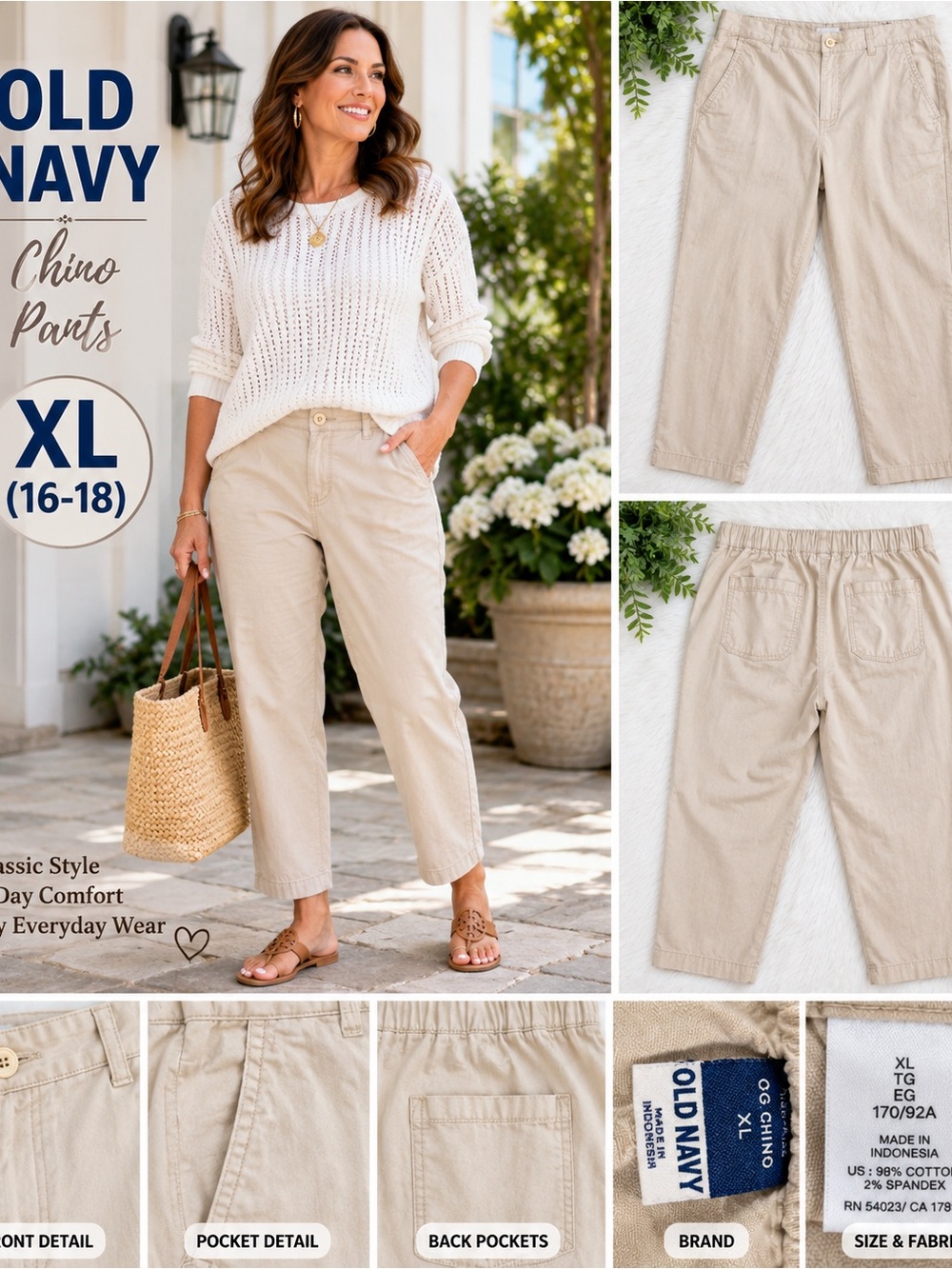 Old Navy OGC Chino Pants XL 16-18 Khaki Beige Cropped Stretch
